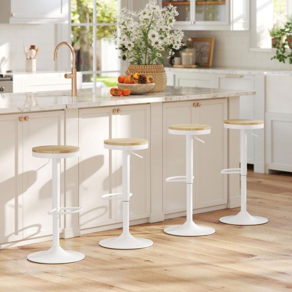 Conjunto de 2 Bancos de Bar Giratórios Bancos Altos de Cozinha com Descanso para Pés 38,5x38,5x60 - 80 cm Madeira e Branco