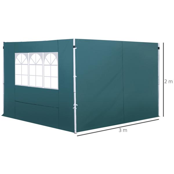 2 Paredes Laterais para Tenda 3x3 m Parede Lateral de Substituição de Tecido Oxford com Janela 300x200 cm Verde