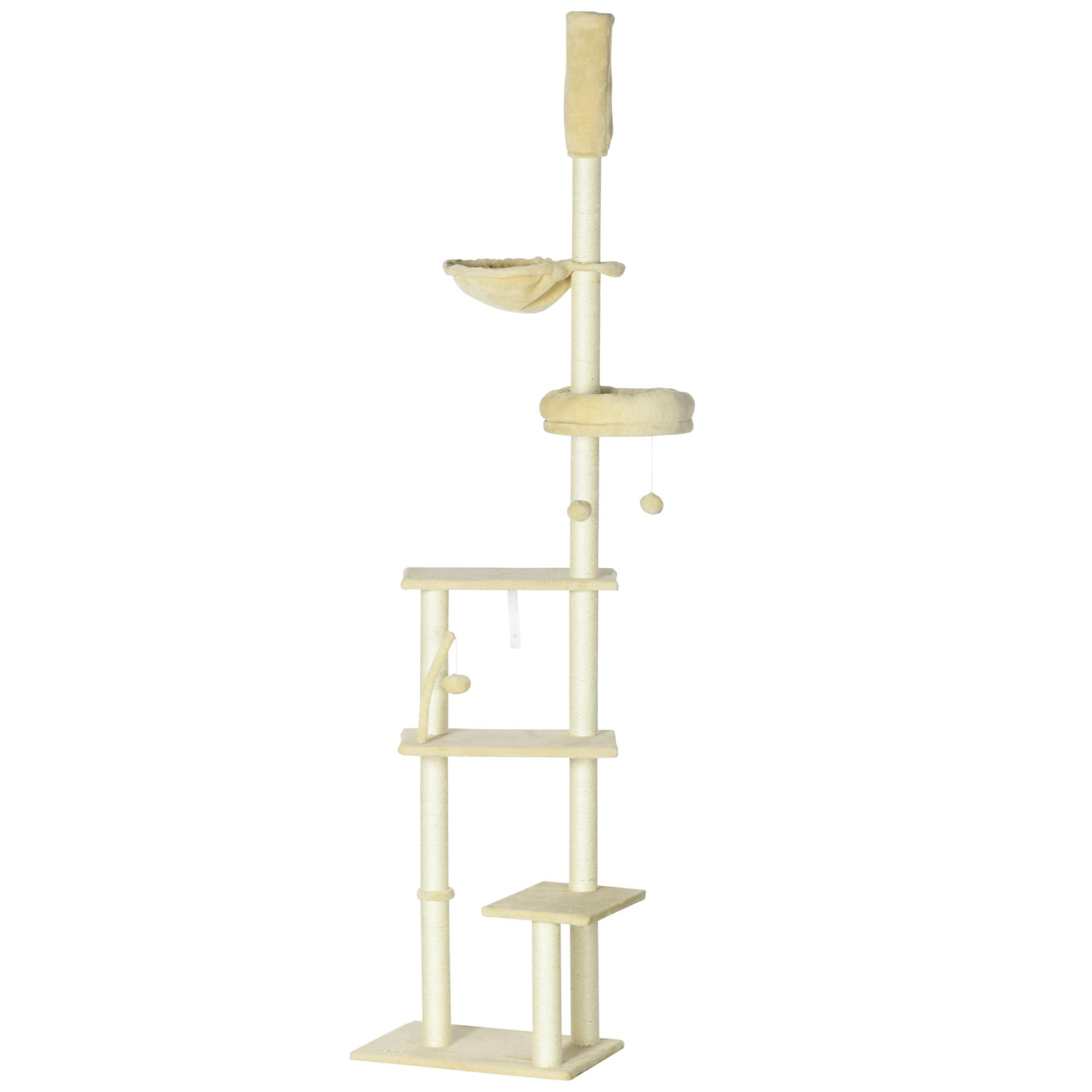 Arranhador para Gatos do Solo ao Teto de 230 - 250 cm com Altura Ajustável Múltiplas Plataformas Rede Bolas Suspensas Bege