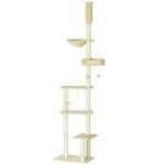 Arranhador para Gatos do Solo ao Teto de 230 - 250 cm com Altura Ajustável Múltiplas Plataformas Rede Bolas Suspensas Bege