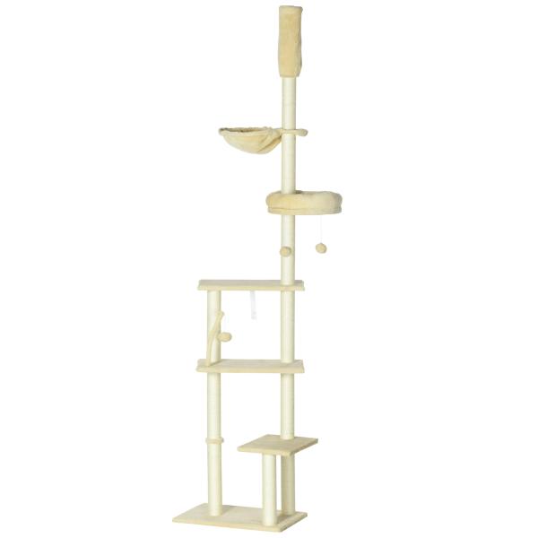 Arranhador para Gatos do Solo ao Teto de 230 - 250 cm com Altura Ajustável Múltiplas Plataformas Rede Bolas Suspensas Bege