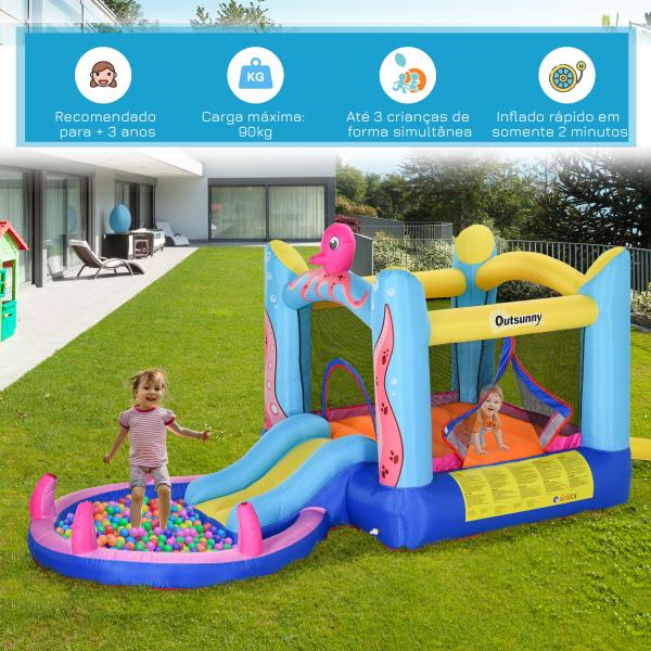Castelo Insuflável com Escorrega Trampolim e Piscina para Crianças acima de 3 Anos Inclui Insuflador e Bolsa de Transporte para Interior e Exterior 360x175x180cm Multicor
