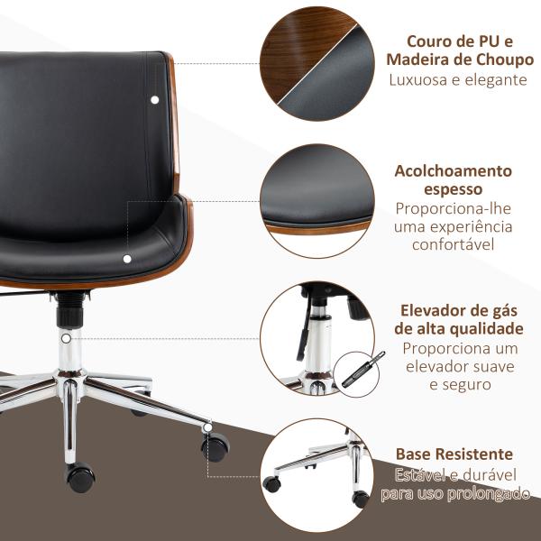 Cadeira de Escritório Operativa Giratória em PU com Altura Ajustável Função Inclinação 51x65,5x82 - 92cm Preto