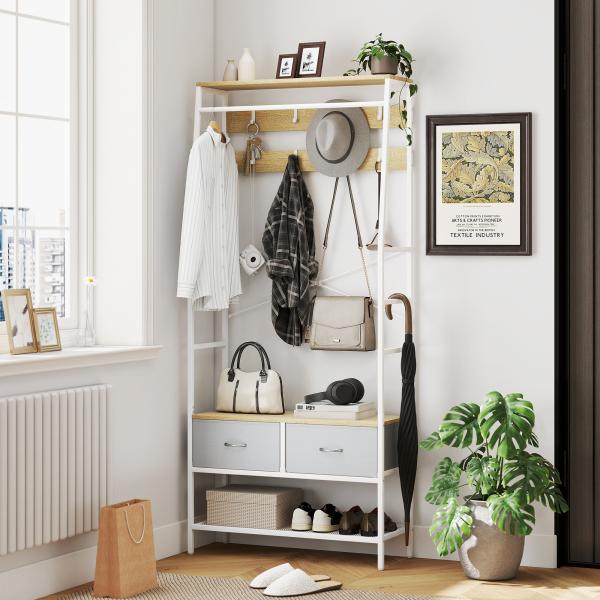 Móvel Cabide de Entrada com Banco Sapateira 8 Ganchos 2 Gavetas de Tecido Barra Prateleira 80x30x180,5 cm Branco e Madeira