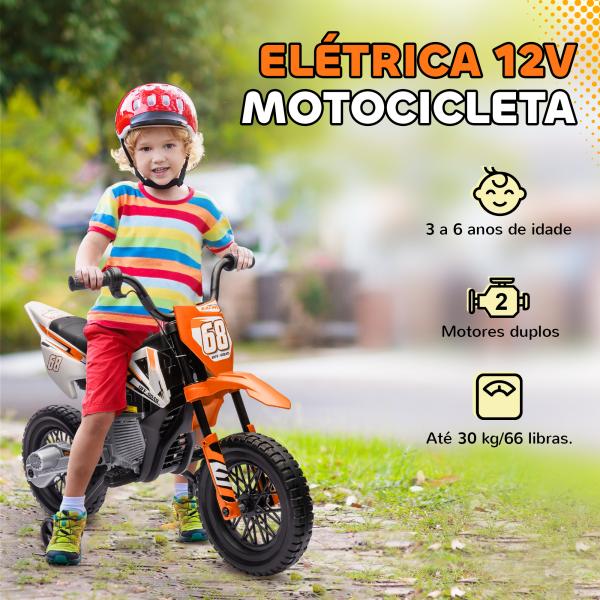 Moto Elétrica Infantil 12V com Música, Velocidade 2,4 - 5 km/h, Rodas Auxiliares, 109,5x60x72,5 cm, Laranja