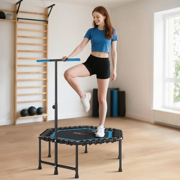 Trampolim Fitness 114x114x132 cm com Guiador Ajustável em 3 Níveis Estrutura de Aço para Treino de Perna Corpo Azul