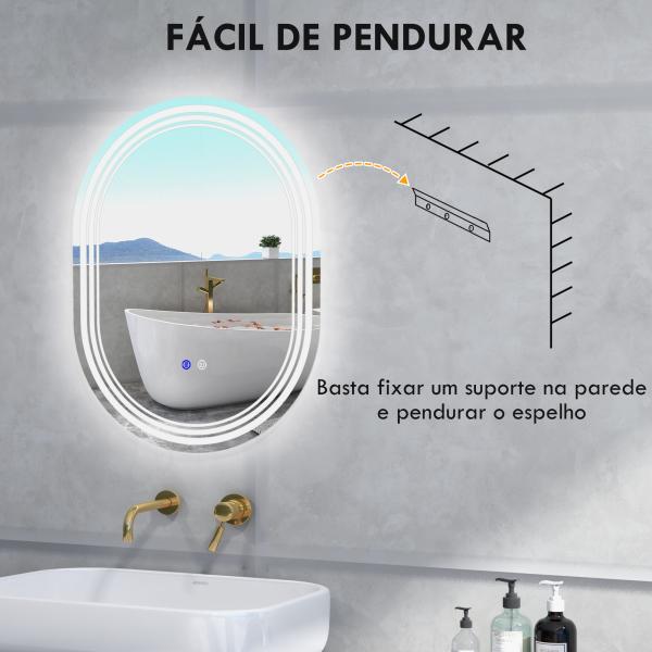 Espelho Casa de Banho com Iluminação 70x50 cm Espelho de Parede com 3 Cores de Luz Brilho Ajustável Função Anti - Embaciamento Função Memória