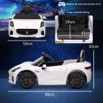 Carro Elétrico para Crianças Maserati Gran Turismo Folgore 12V Controlo Remoto Faróis Buzina e Música MP3 98x59x43 cm Branco
