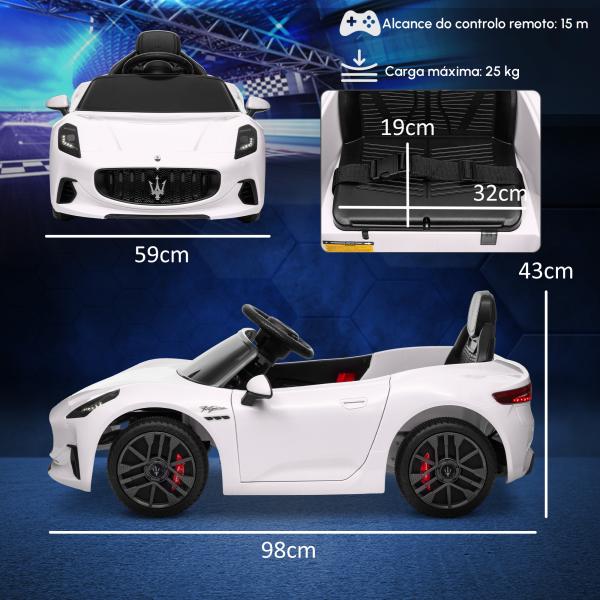 Carro Elétrico para Crianças Maserati Gran Turismo Folgore 12V Controlo Remoto Faróis Buzina e Música MP3 98x59x43 cm Branco