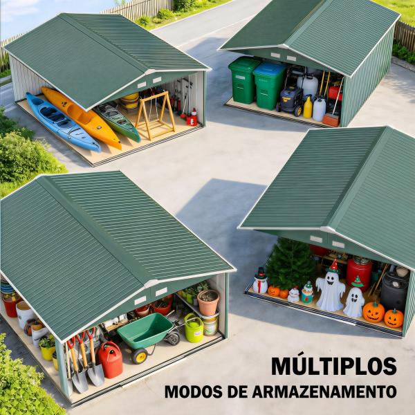 Abrigo de Jardim Metálico 340x386x200cm Abrigo para Armazenamento de Ferramentas com Base de Reforço Incluida Verde