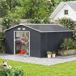 Abrigo de Jardim Metálico 340x386x200cm Abrigo de Exterior para Armazenamento de Ferramentas com Base Incluida 4 Janelas de Ventilação e Porta Corredeira Cinza