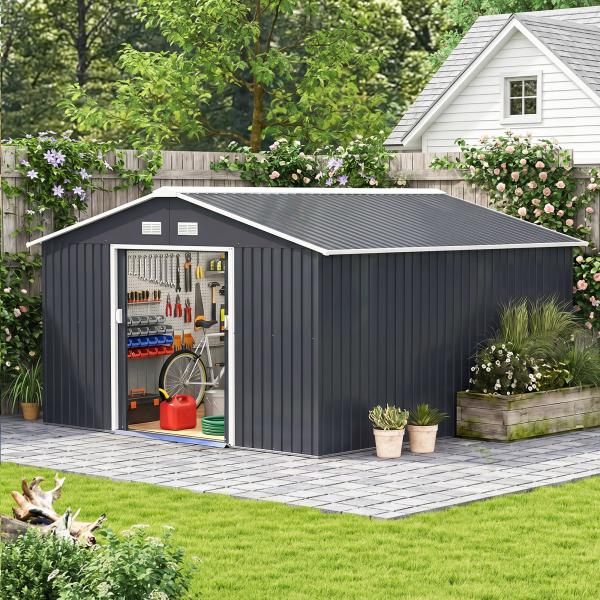 Abrigo de Jardim Metálico 340x386x200cm Abrigo de Exterior para Armazenamento de Ferramentas com Base Incluida 4 Janelas de Ventilação e Porta Corredeira Cinza