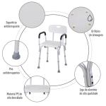 Cadeira para Duche Antiderrapante com Altura Ajustável em 6 Níveis Apoio para os Braços e Encosto 51,5x51,5x71 - 84 cm Branco