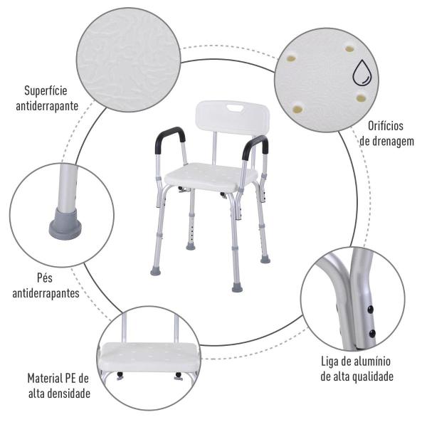 Cadeira para Duche Antiderrapante com Altura Ajustável em 6 Níveis Apoio para os Braços e Encosto 51,5x51,5x71 - 84 cm Branco