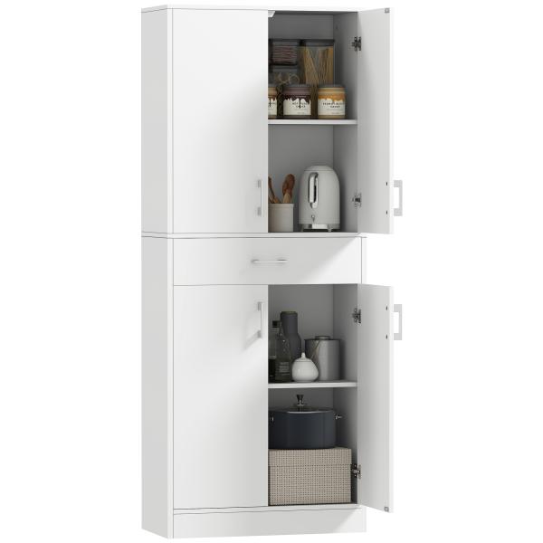 Armário de Cozinha com 4 Portas 1 Gaveta e Prateleiras Ajustáveis Anti - Tombo Armário de Cozinha Moderno 70,8x34x180 cm Branco