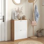 Sapateira Estreita com 2 Portas Prateleiras Ajustáveis para 12 Pares de Sapatos 60x24,5x75,5 cm Mdeira e Branco