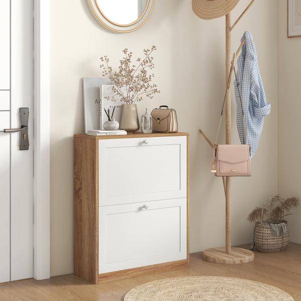 Sapateira Estreita com 2 Portas Prateleiras Ajustáveis para 12 Pares de Sapatos 60x24,5x75,5 cm Mdeira e Branco