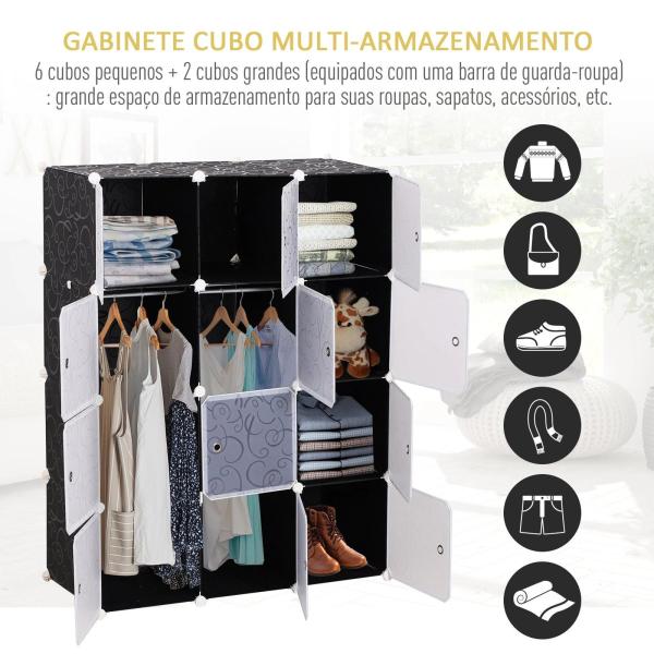 Armário modular de plástico 12 Cubos com Portas para Armazenamento de Roupas Armário Organizador para Brinquedos 111x47x145cm