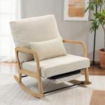 Poltrona Baloiço com Encosto Ajustável de Veludo Cotelê Nórdica Pés de Madeira Braços Almofada Lombar 70x89x97,5 cm Creme
