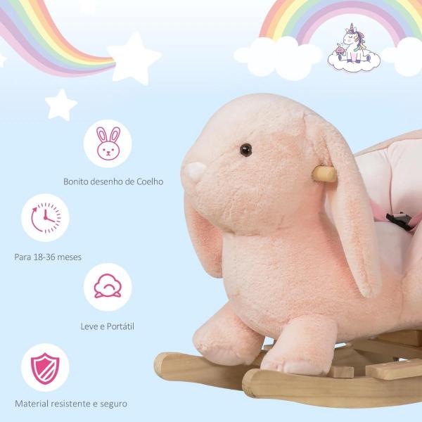 Baloiço Infantil com Forma de Coelho de Pelúcia Baloiço para Bebés 18 - 36 Meses com Som Cinto de Segurança Guidão e Apoio para os Pés 60x33x50cm Rosa