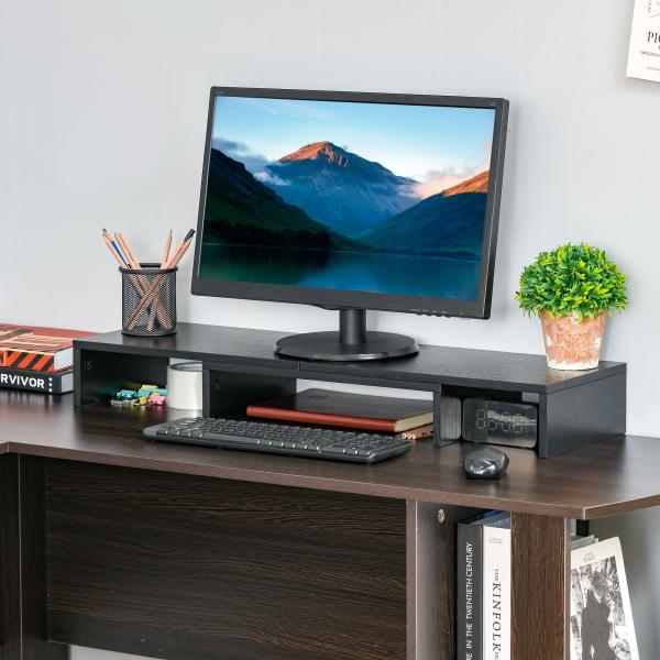 Suporte Elevado para Monitores de Madeira Ajustável em Comprimento e Ângulo para 2 Monitores Notebook 80 - 117x23,5x10cm Preto