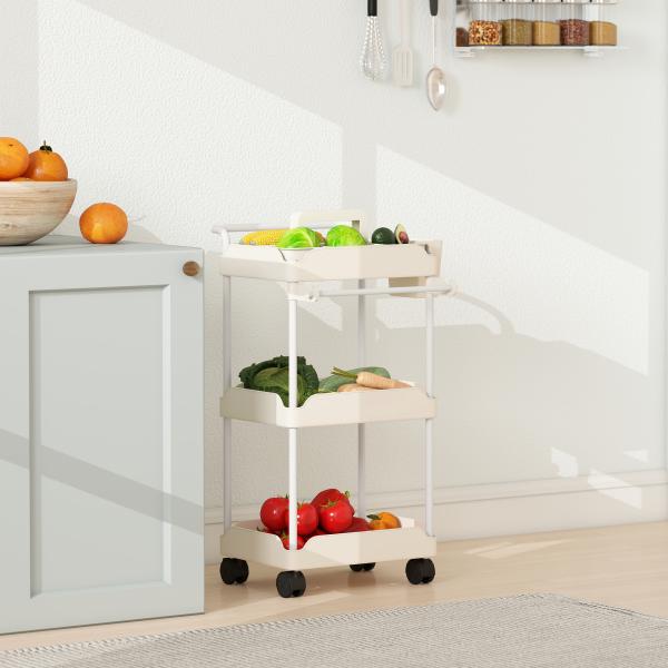 Carrinho Auxiliar com Rodas de 3 Níveis com Cestos Extraíveis Suporte para Toalhas e Estrutura de Metal 42x42,5x76 cm Branco