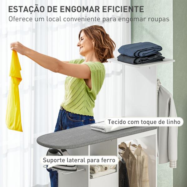 Móvel de Engomar Roupa com Rodas e Suporte Lateral Móvel com Tábua de Passar Barra para Roupa Prateleira 127,5x43,5x153 cm Branco