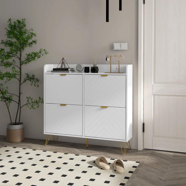 Sapateira Estreita com 4 Gavetas Basculantes e Prateleiras Ajustáveis para 16 Pares 106x24x102 cm Branco
