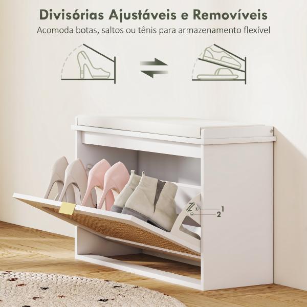 Banco para Sapatos Boho com Assento Acolchoado Porta de Rattan Gaveta Basculante Prateleira Ajustável 8 Pares 80x26x47,5 cm Branco