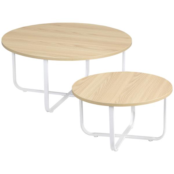 Conjunto de 2 Mesas de Centro Ø65x32cm e Ø45x26cm Mesas Redondas com Bancada de Madeira e Pés de Metal Madeira e Branco