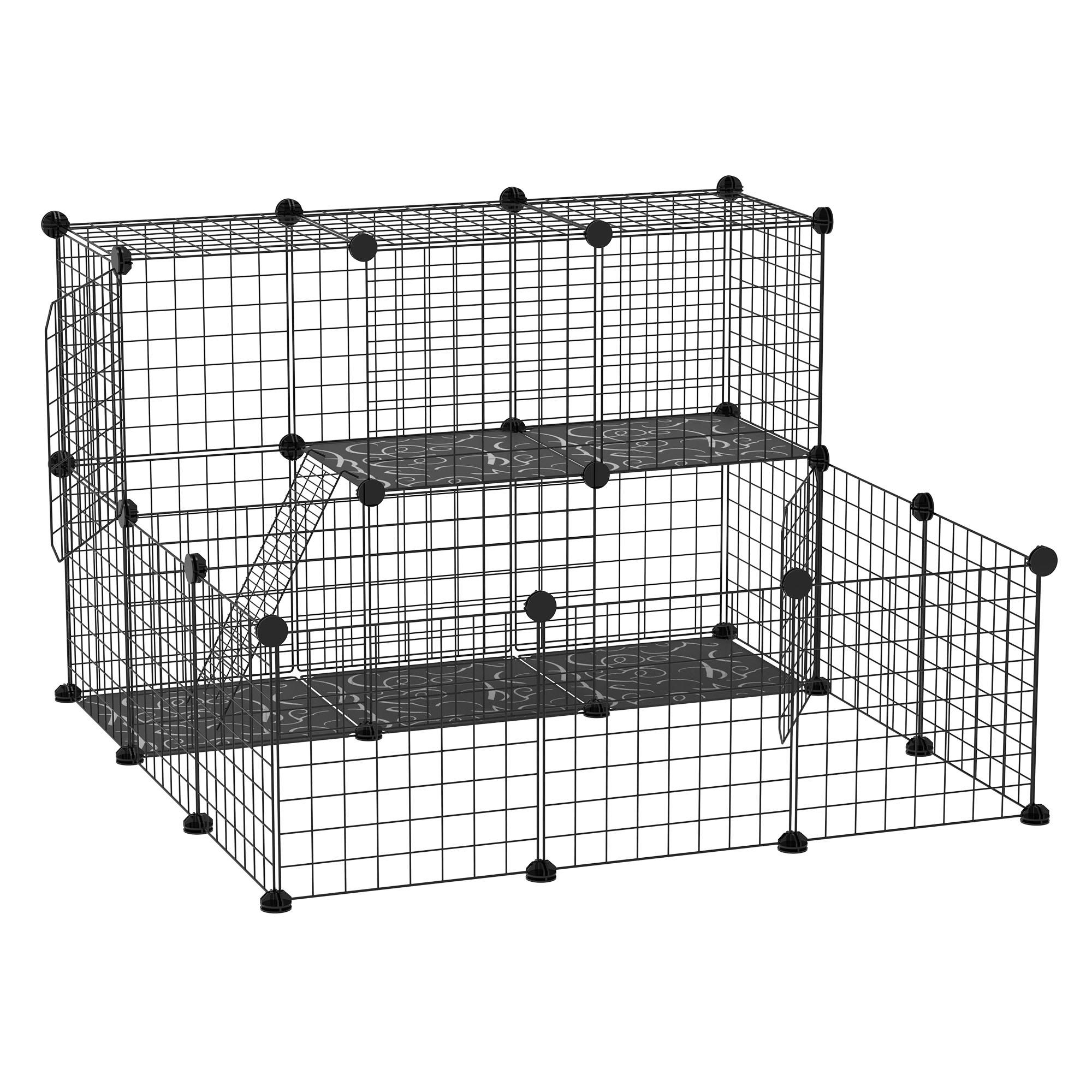Recinto para Pequenos Animais DIY com 24 Painéis com Grade Metálica Recinto Modular para Coelhos Chinchilas 105x105x70cm