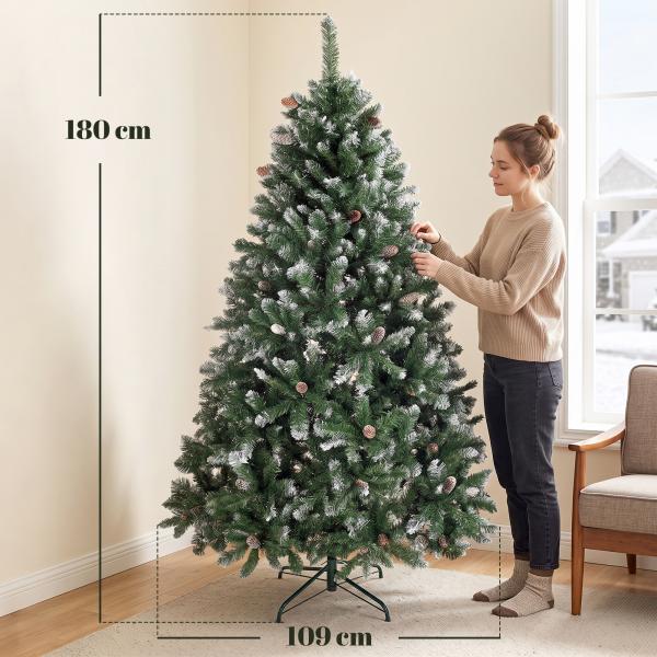 Árvore de Natal Artificial 180 cm Árvore de Natal com 910 Ramos com Efeito Neve 58 Pinhas Verde