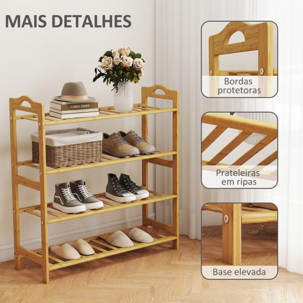 Sapateira de 4 Níveis Estante para Sapatos em Bambu para 12 Pares de Sapatos 67,5x24,7x72 cm Madeira
