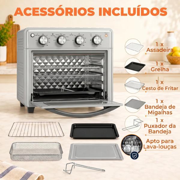 Forno Elétrico de Bancada 30 L 1600 W com Air Fryer, 7 Funções e Temporizador, 43x39x39 cm, Prateado