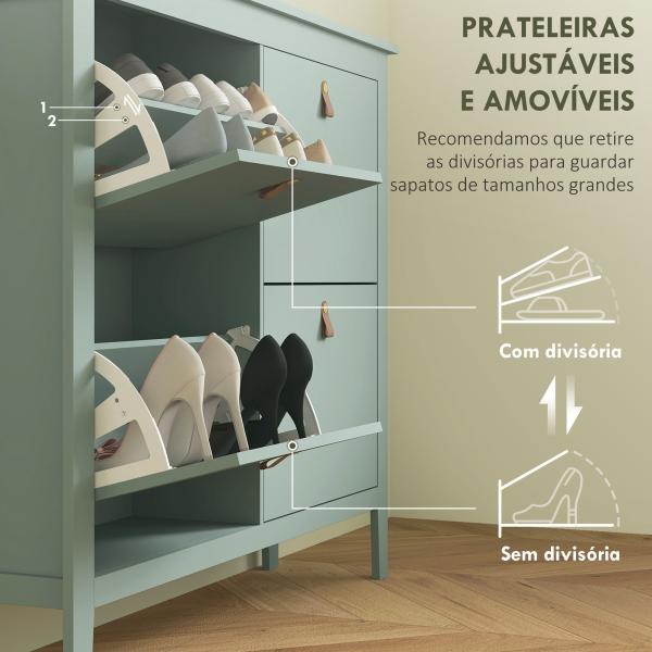 Sapateiro Estreito com 4 Compartimentos e Puxadores de Couro PU para Corredor e Hall 105x24x95,5 cm Verde Claro