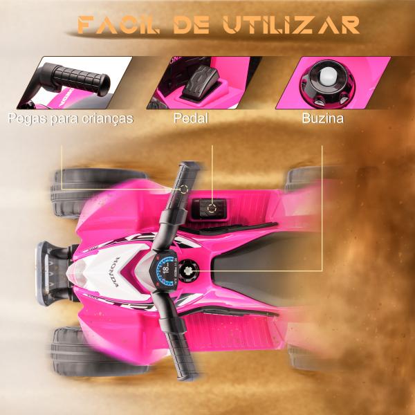 Quadriciclo Elétrico HONDA para Crianças de 18 - 36 Meses Quadriciclo Elétrico Infantil a Bateria 6V com Faróis LED Buzina Velocidade de 2,8km/h e Avance 65,5x35,5x43,5cm Rosa