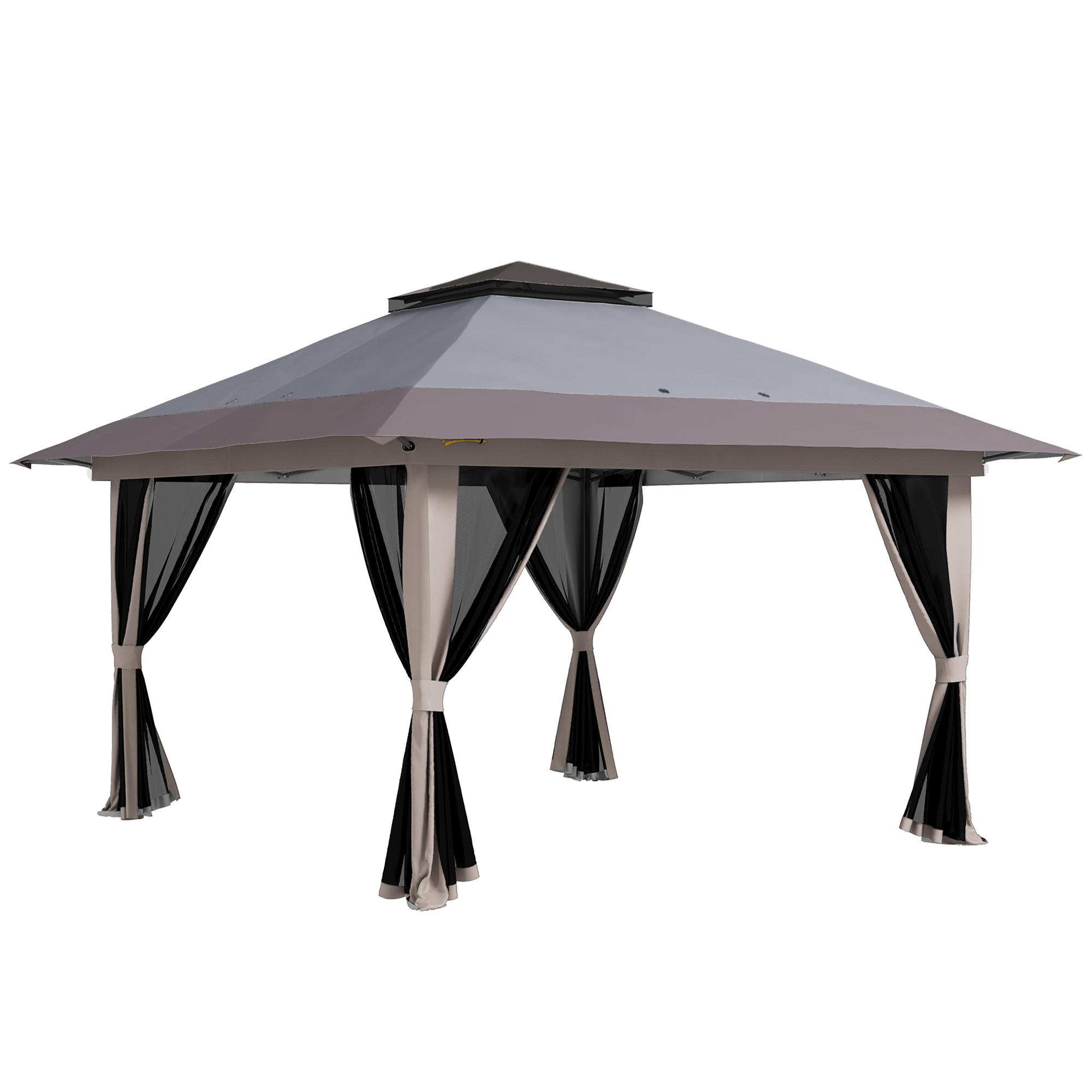 Tenda Dobrável Pop - up com Altura Ajustável Proteção UV50+ Telhado Duplo e Redes Mosquiteiras 4x4x2,8 m Cinzento Claro