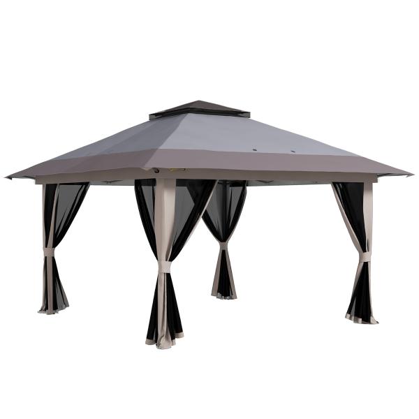 Tenda Dobrável Pop - up com Altura Ajustável Proteção UV50+ Telhado Duplo e Redes Mosquiteiras 4x4x2,8 m Cinzento Claro
