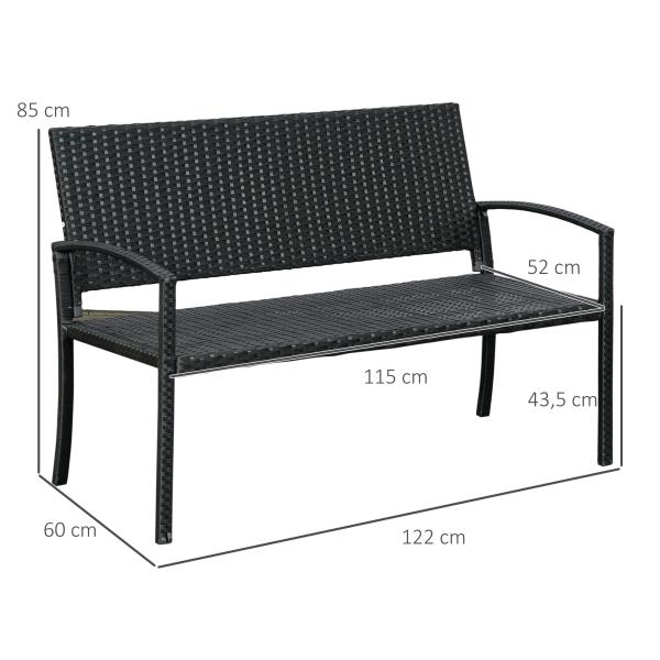 Banco Jardim Lounge Cadeira 2 Lugares Móveis para Jardim Exterior Terraço 2 Lugares Rattan Sintético Carga 320kg 122x60x87cm Estrutura Aço