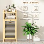 Armário para Roupa de Bambu Móvel Auxiliar para Casa de Banho 40x30x95 cm com 2 Prateleiras Abertas Cesto Amovível Madeira