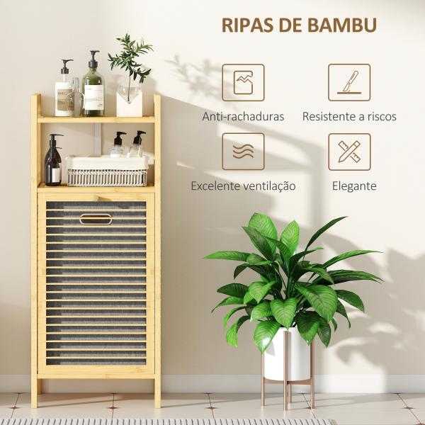 Armário para Roupa de Bambu Móvel Auxiliar para Casa de Banho 40x30x95 cm com 2 Prateleiras Abertas Cesto Amovível Madeira