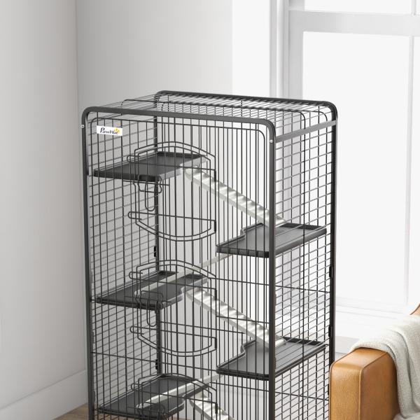 Gaiola para Pequenos Animais com 6 Níveis Gaiola para Roedores com Rodas Rampa e Bandeja Amovível 61,5x44x131 cm Preto