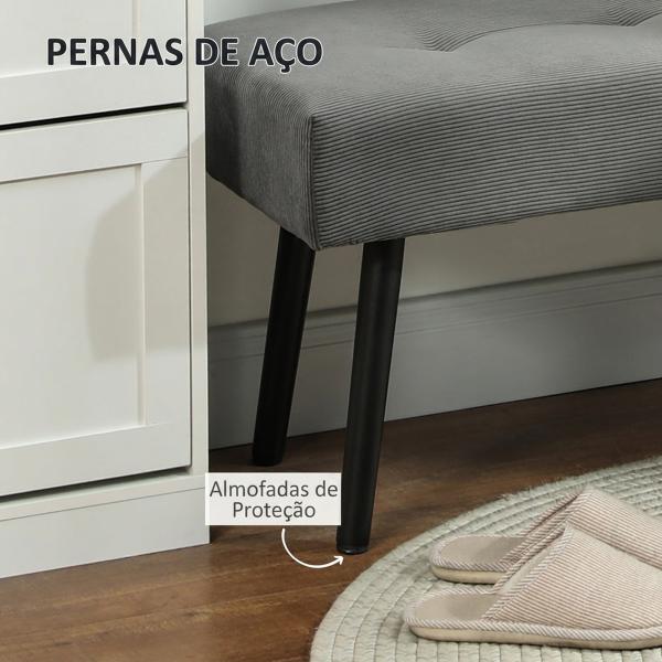 Banco de Pé de Cama Estofado em Bombazina com Assento Acolchoado, Design Capitoné e Pés de Aço para Quarto, Cinzento