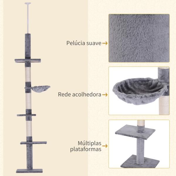 Árvore Arranhadora para Gatos Arranhador para Fixar ao Teto Altura Ajustável com Plataformas Poste de Sisal 40x34x230 - 260cm Cinza