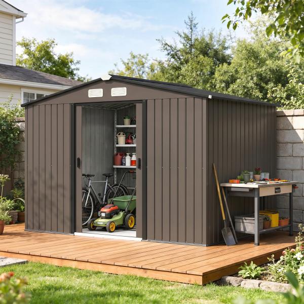 Abrigo de Jardim 277x195x192 cm Metálico para Armazenamento de Ferramentas com Base de Reforço Incluída Madeira
