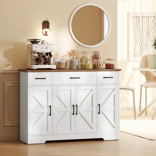 Aparador de Cozinha Rústico 4 Prateleiras de Porta Prateleiras Ajustáveis 3 Gavetas 120x38x87 cm Branco e Nogueira