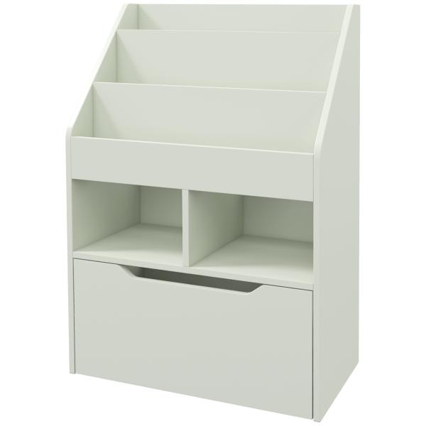 Estante de Madeira para Brinquedos com 3 Compartimentos 2 Prateleiras e Gaveta Móvel com 4 Rodas 60x29,9x90 cm Verde