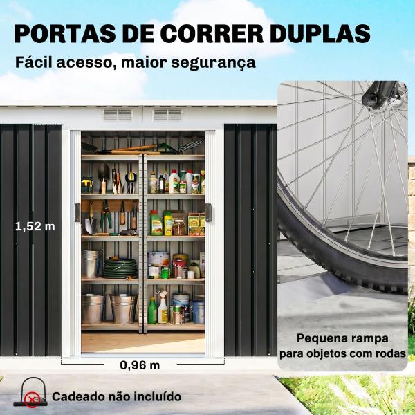 Abrigo de Jardim 280x130x172cm Abrigo de Exterior de Aço Galvanizado com Porta Corredeira e Ventilações Cinza Escuro