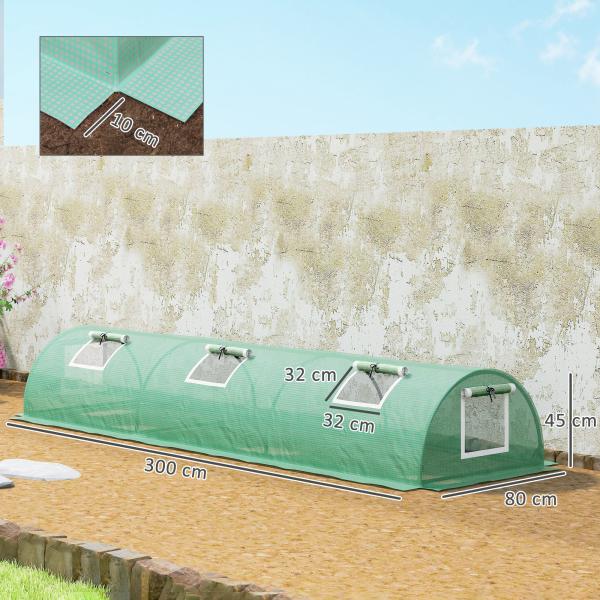 Estufa Pequena para Cultivo de Plantas com 5 Janelas Estrutura em Aço e Cobertura de PE Anti - UV 300x80x45 cm Verde