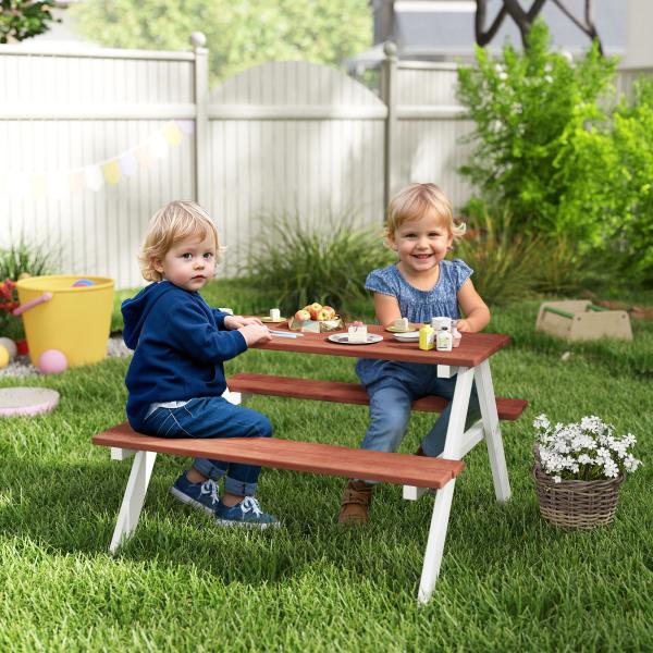 Conjunto de Mesa e 2 Bancos Infantil de Madeira Mesa de Piquenique para Crianças de 3 - 8 Anos 89x79x50 cm Marrom e Branco